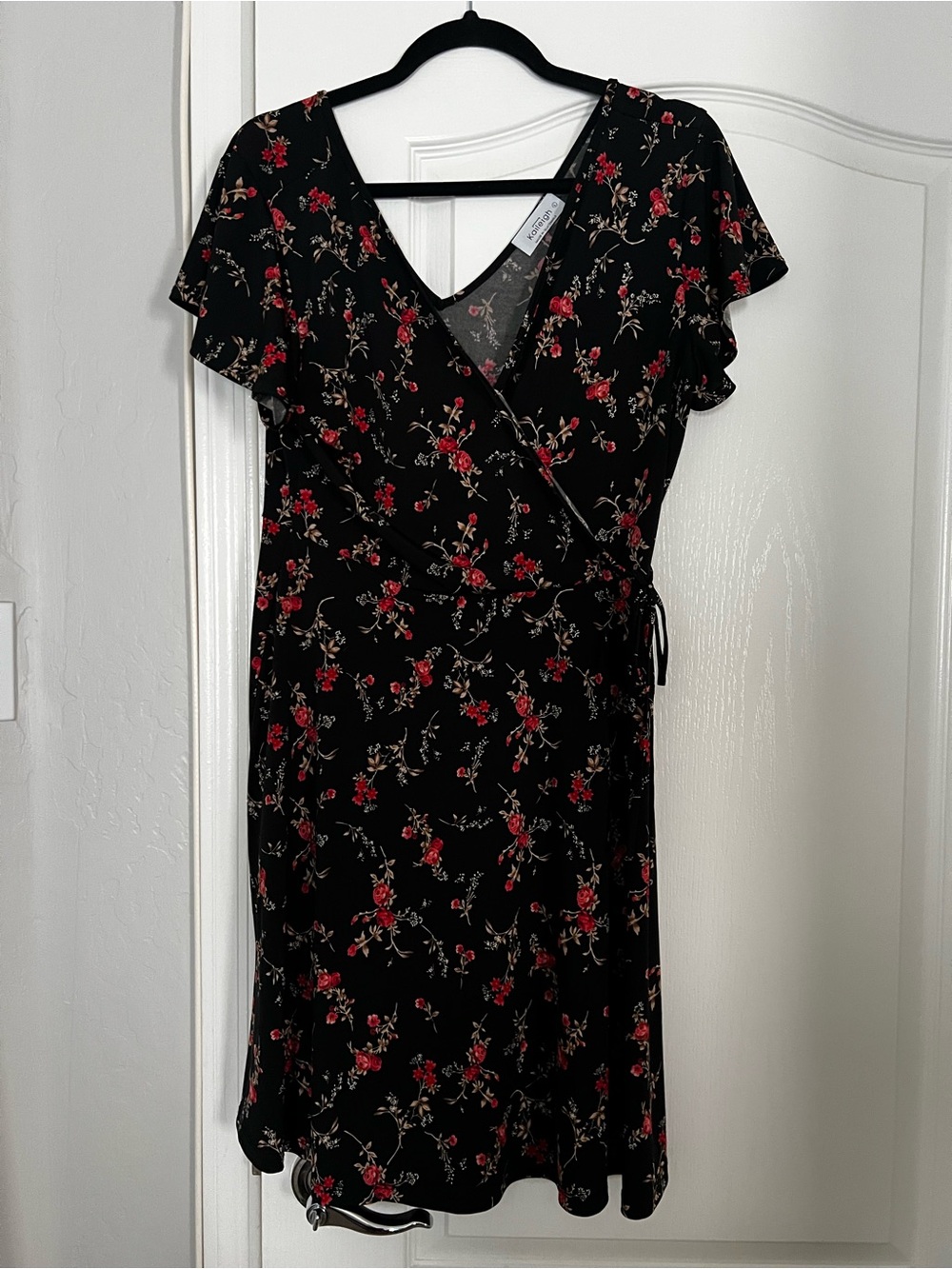 Kaileigh Black Floral Wrap Dress with Red and Cream Bouquet Print